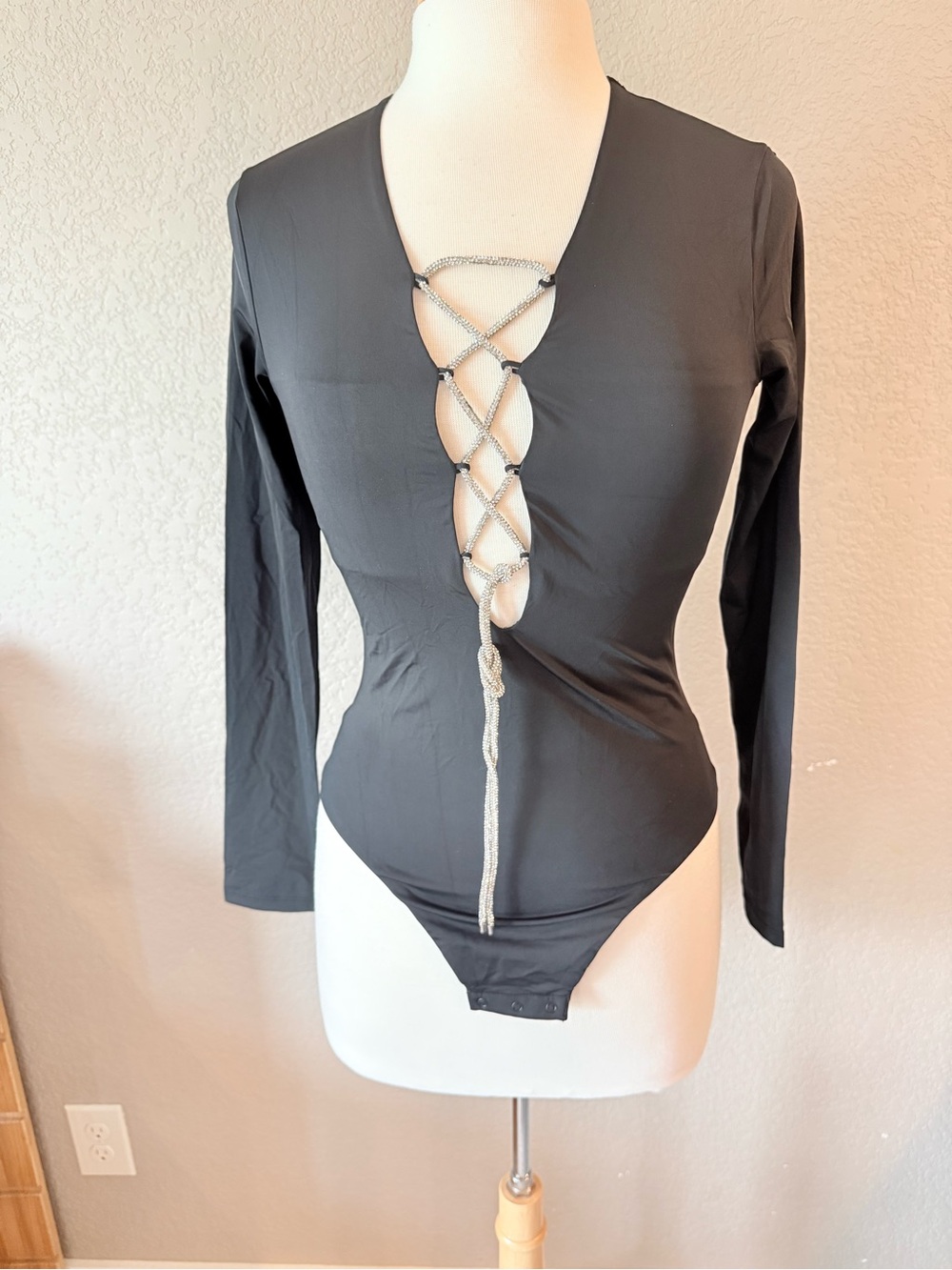 Yamamay Black Rhinestone Lace Up Long Sleeve Bodysuit S